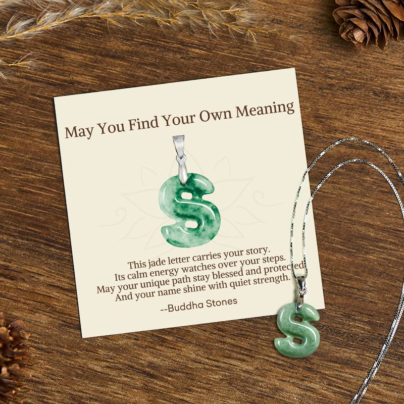 Wear FengShui "May You Find Your Own Meaning" Natural A-Z Letter Jade 925 Sterling Silver Chain Necklace Includes Gift Message Card