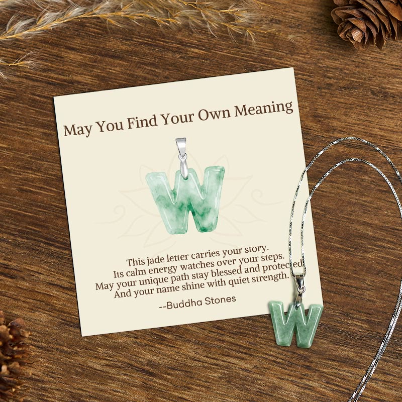 Wear FengShui "May You Find Your Own Meaning" Natural A-Z Letter Jade 925 Sterling Silver Chain Necklace Includes Gift Message Card
