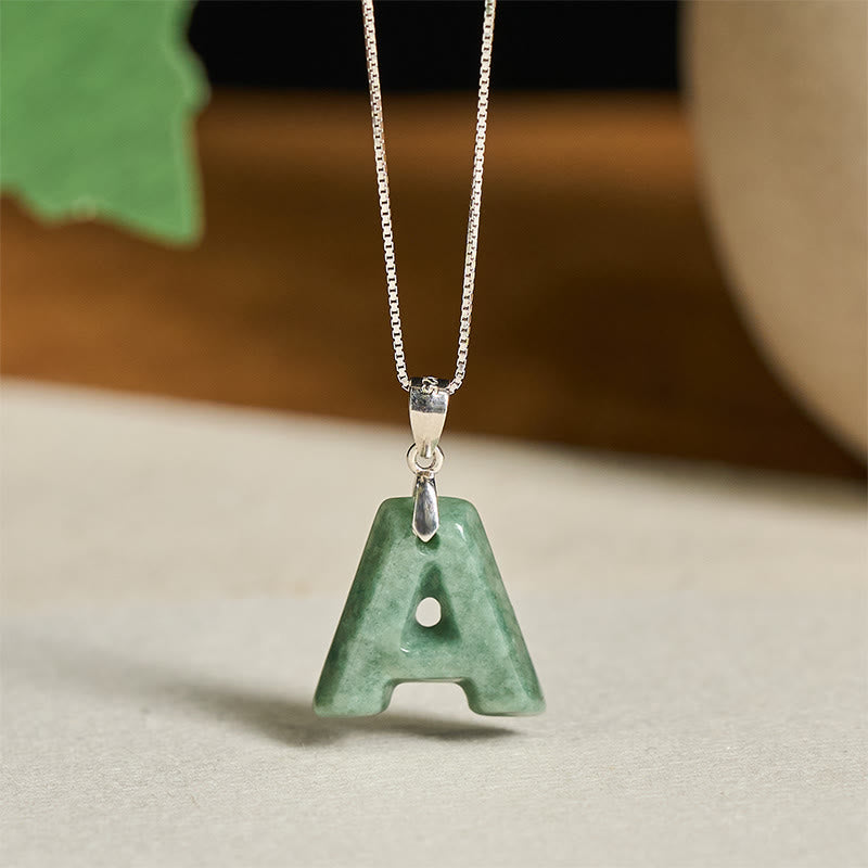 Wear FengShui Natural A-Z Letter Jade 925 Sterling Silver Silm Chain Prosperity Necklace Pendant