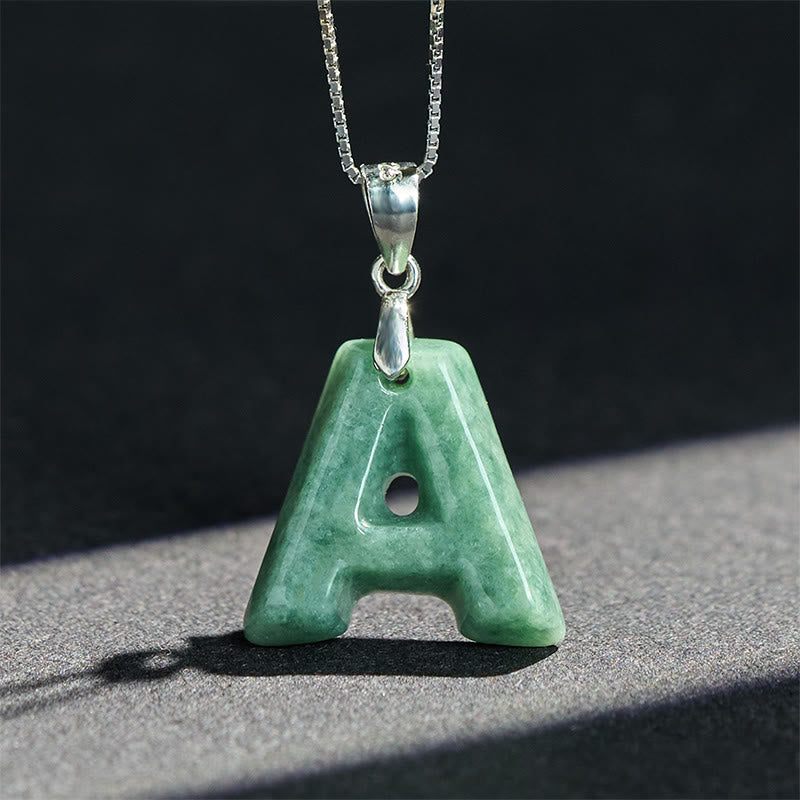 Wear FengShui Natural A-Z Letter Jade 925 Sterling Silver Silm Chain Prosperity Necklace Pendant