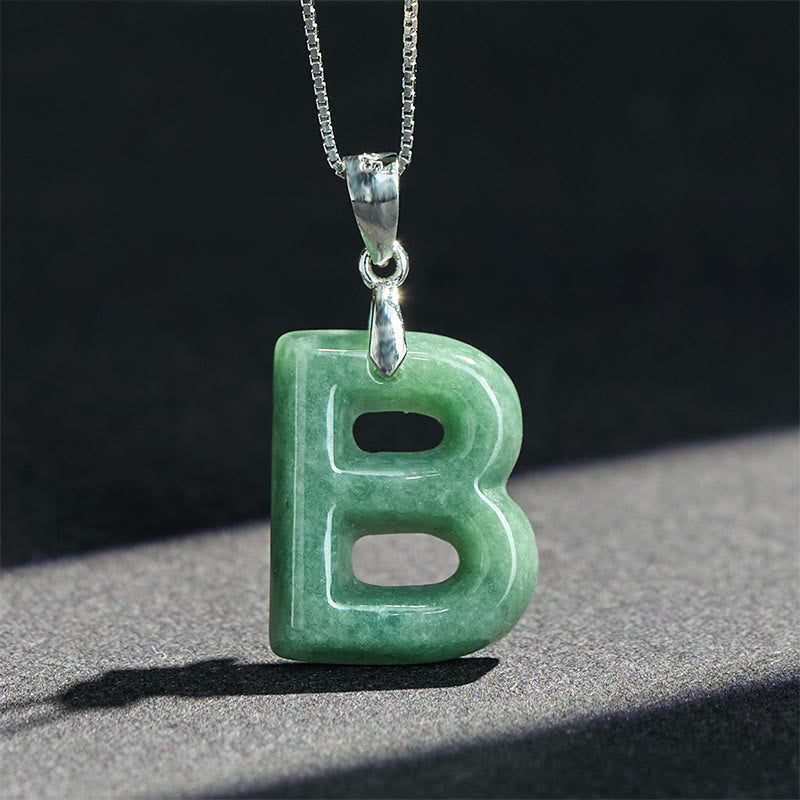 Wear FengShui Natural A-Z Letter Jade 925 Sterling Silver Silm Chain Prosperity Necklace Pendant