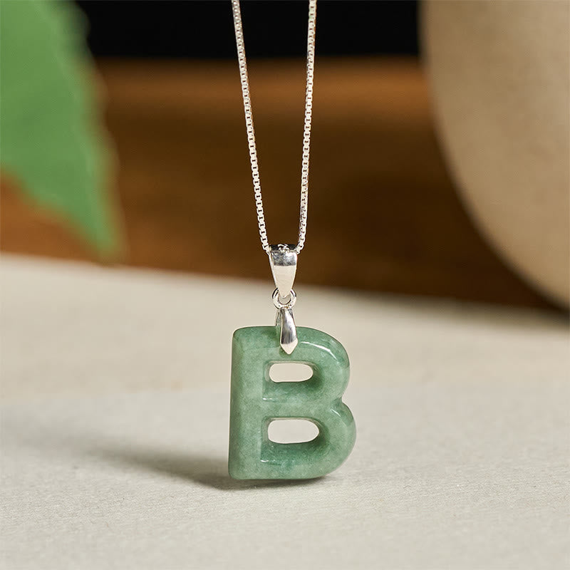 Wear FengShui Natural A-Z Letter Jade 925 Sterling Silver Silm Chain Prosperity Necklace Pendant
