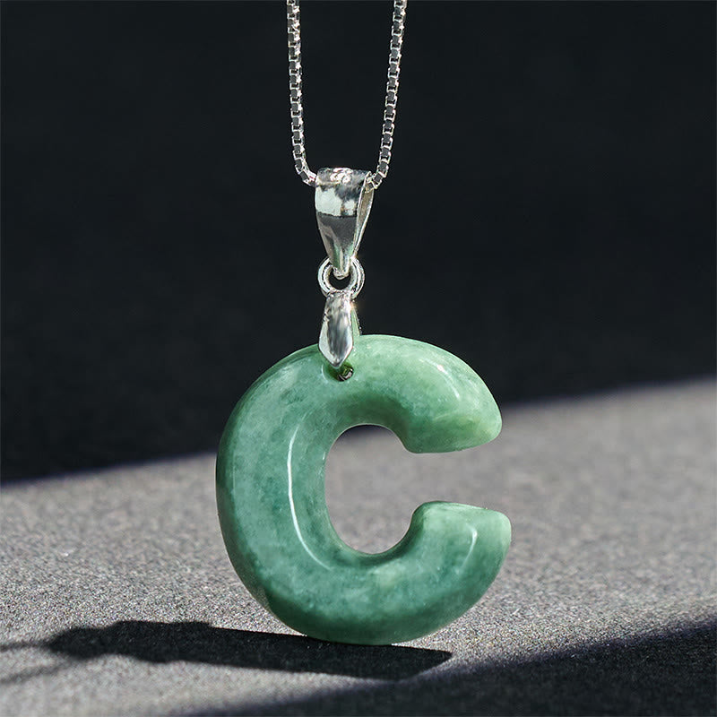 Wear FengShui Natural A-Z Letter Jade 925 Sterling Silver Silm Chain Prosperity Necklace Pendant