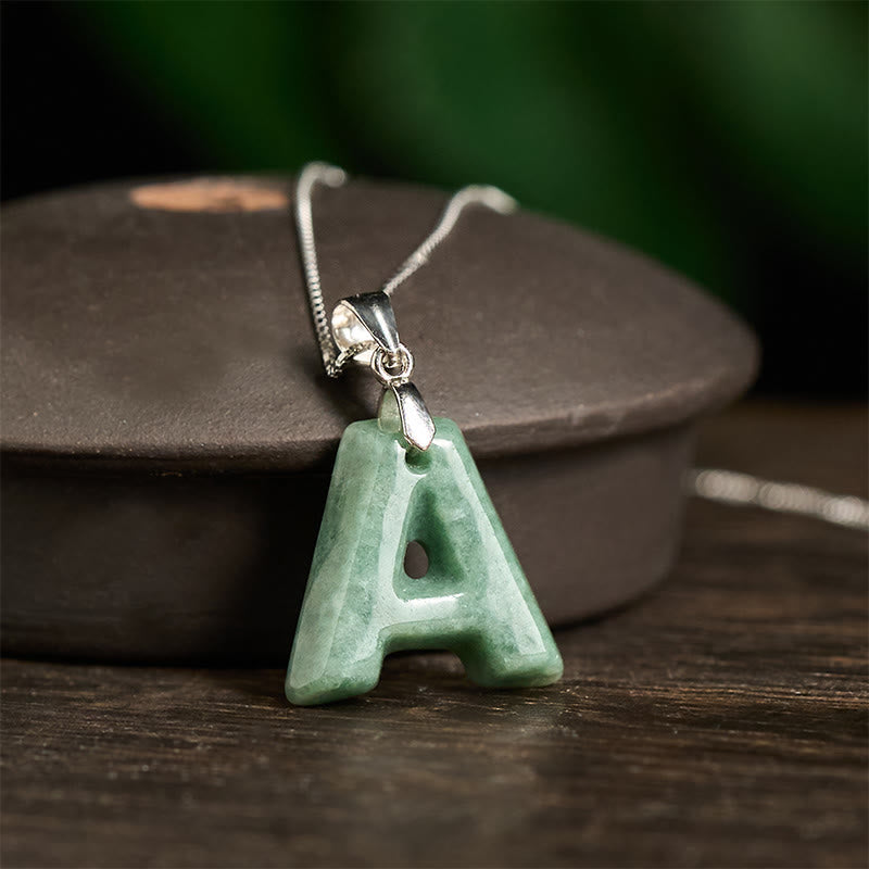 Wear FengShui Natural A-Z Letter Jade 925 Sterling Silver Silm Chain Prosperity Necklace Pendant