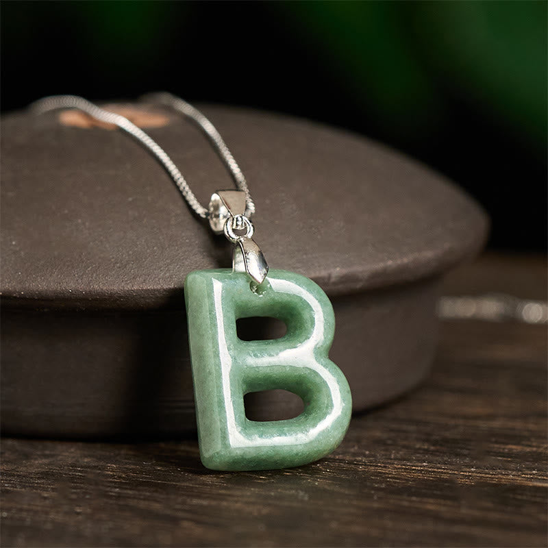 Wear FengShui Natural A-Z Letter Jade 925 Sterling Silver Silm Chain Prosperity Necklace Pendant