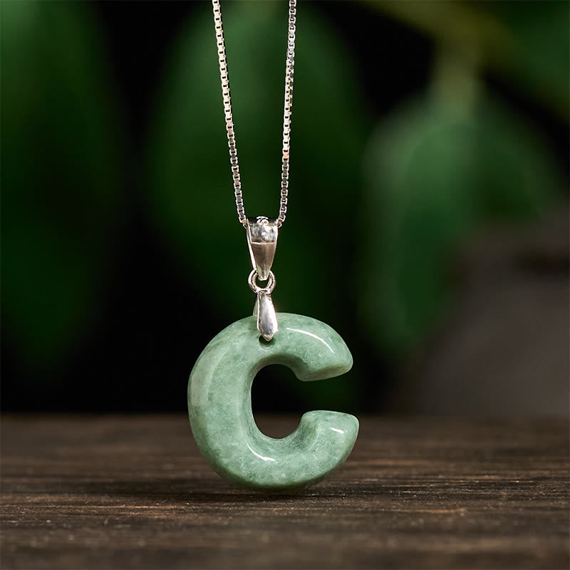 Wear FengShui Natural A-Z Letter Jade 925 Sterling Silver Silm Chain Prosperity Necklace Pendant