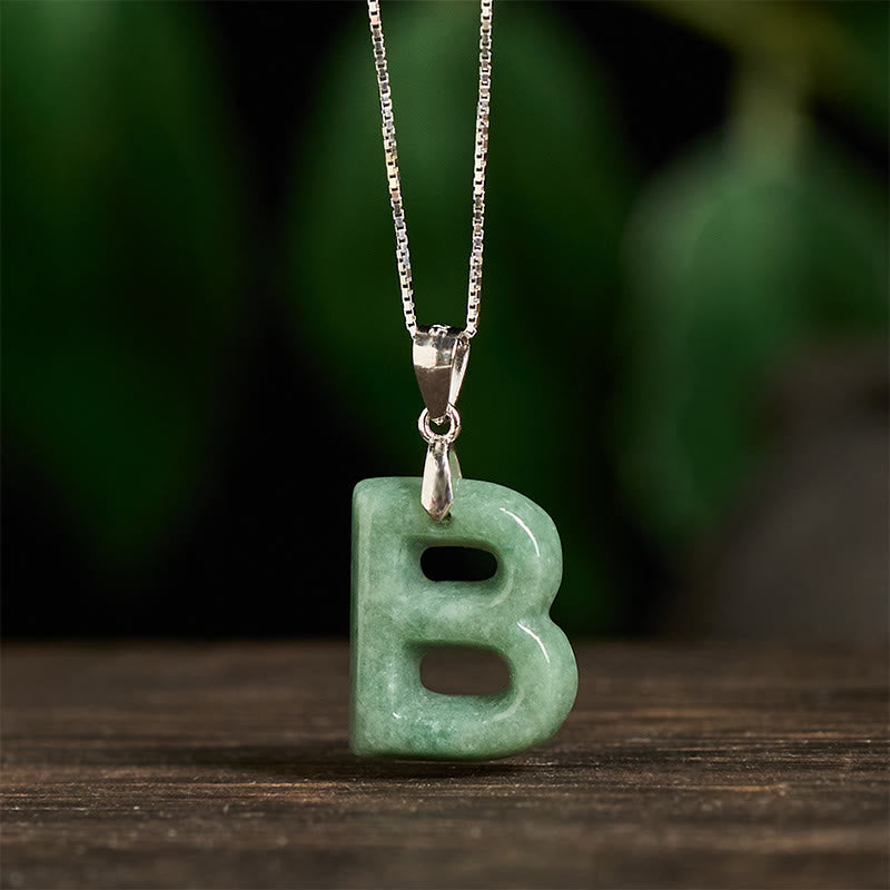 Wear FengShui Natural A-Z Letter Jade 925 Sterling Silver Silm Chain Prosperity Necklace Pendant