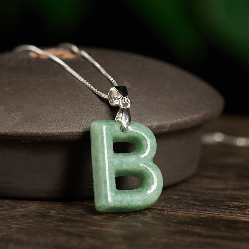 Wear FengShui Natural A-Z Letter Jade 925 Sterling Silver Silm Chain Prosperity Necklace Pendant