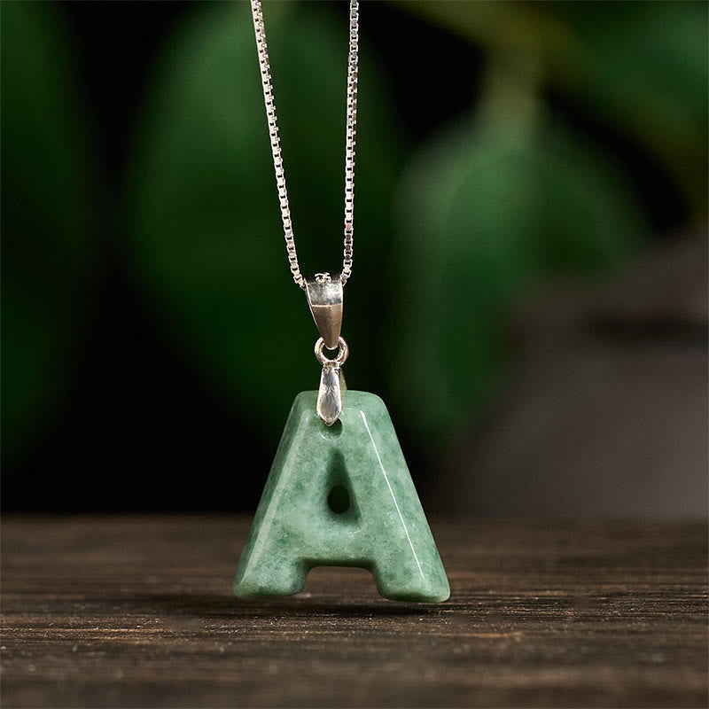 Wear FengShui Natural A-Z Letter Jade 925 Sterling Silver Silm Chain Prosperity Necklace Pendant