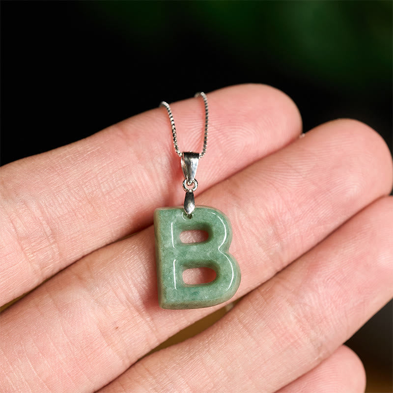 Wear FengShui Natural A-Z Letter Jade 925 Sterling Silver Silm Chain Prosperity Necklace Pendant