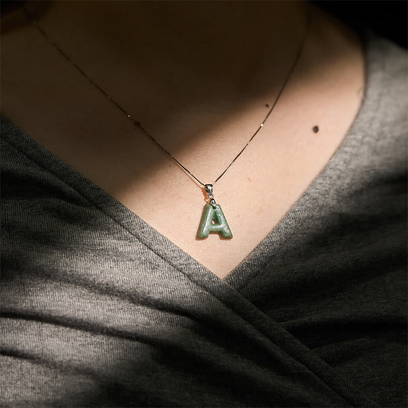 Wear FengShui Natural A-Z Letter Jade 925 Sterling Silver Silm Chain Prosperity Necklace Pendant