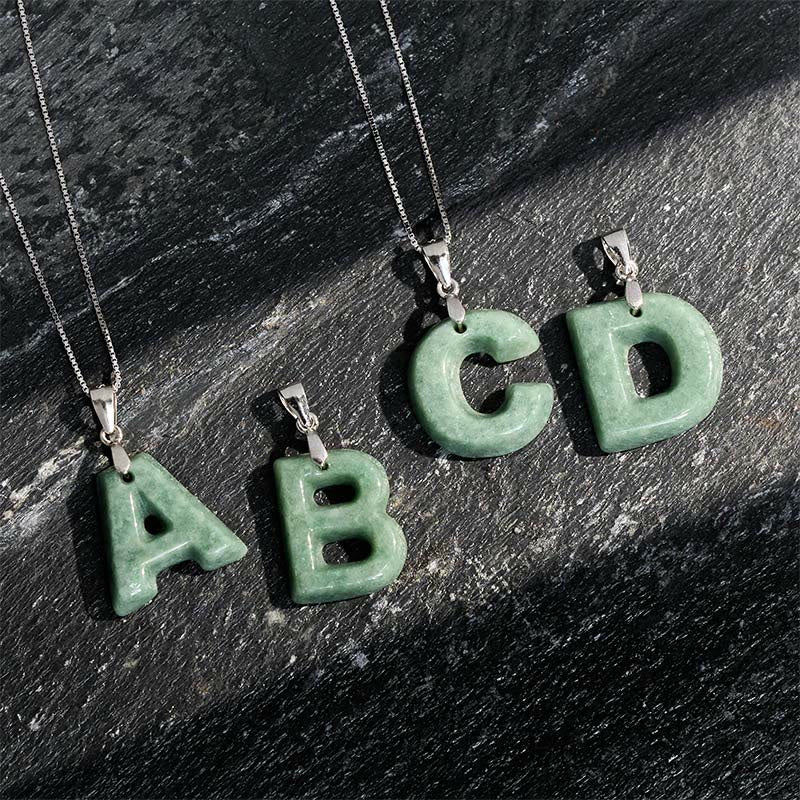 Wear FengShui Natural A-Z Letter Jade 925 Sterling Silver Silm Chain Prosperity Necklace Pendant