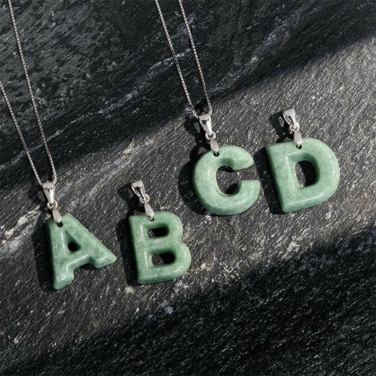 Wear FengShui Natural A-Z Letter Jade 925 Sterling Silver Silm Chain Prosperity Necklace Pendant