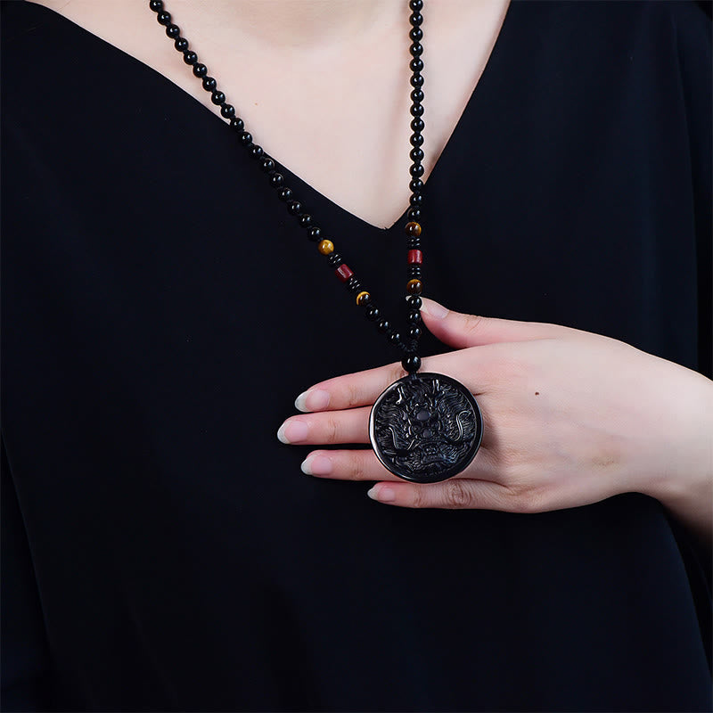 Wear FengShui Dragon Black Obsidian Transformation Fulfilment Necklace Pendant