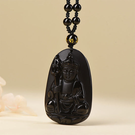 Wear FengShui Ksitigarbha Buddha Pattern Black Obsidian Fulfilment Necklace Pendant