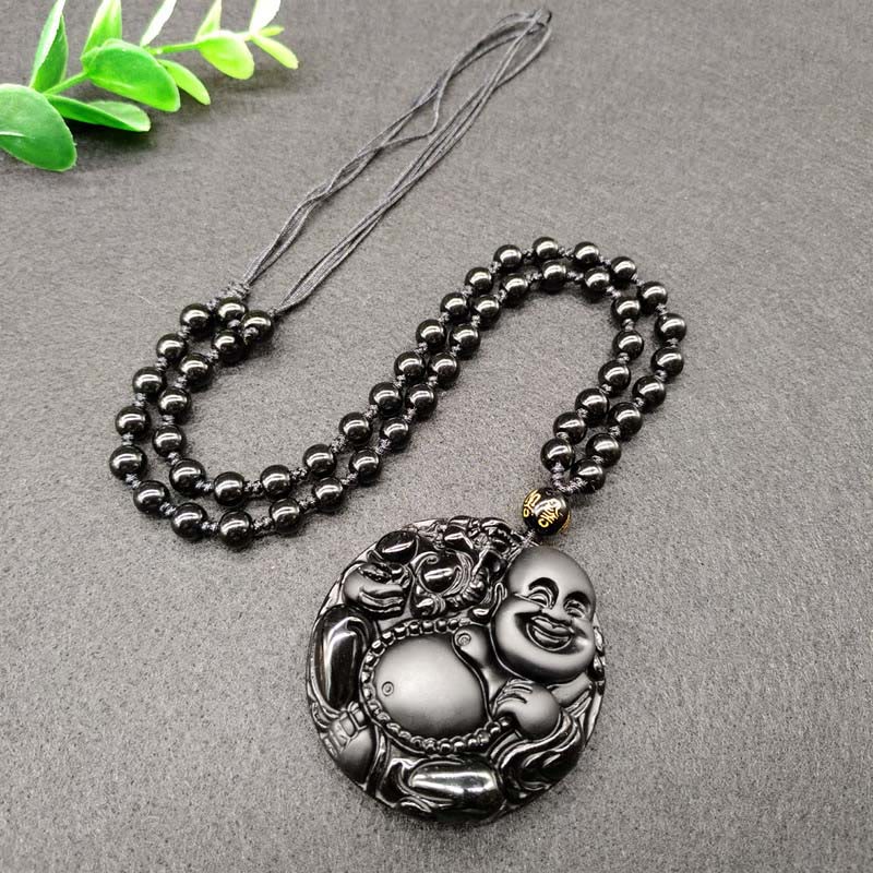 Wear FengShui Laughing Buddha Pattern Black Obsidian Glass Fulfilment Necklace Pendant