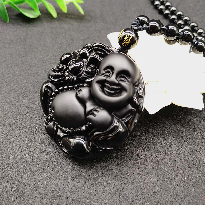 Wear FengShui Laughing Buddha Pattern Black Obsidian Glass Fulfilment Necklace Pendant