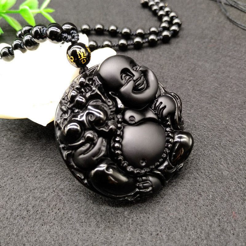 Wear FengShui Laughing Buddha Pattern Black Obsidian Glass Fulfilment Necklace Pendant