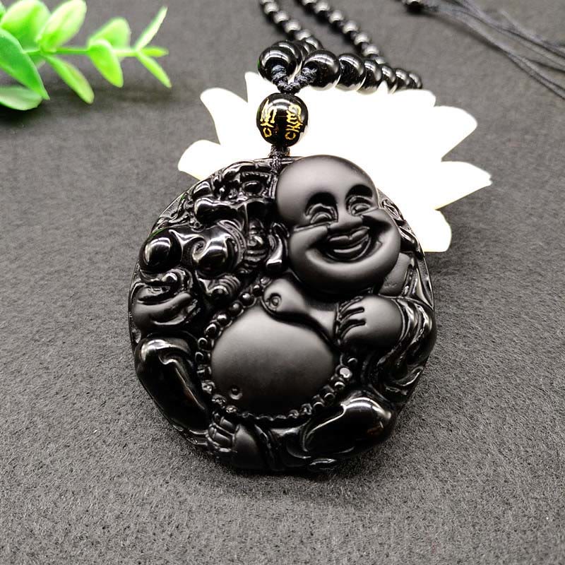 Wear FengShui Laughing Buddha Pattern Black Obsidian Glass Fulfilment Necklace Pendant
