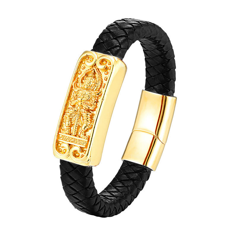 Wear FengShui Buddha Symbol Titanium Steel Leather Strengthen Bracelet