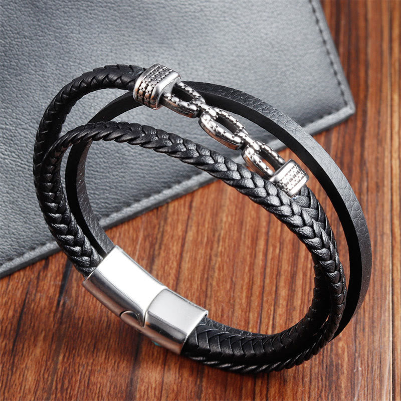 Wear FengShui Handmade Chain Link Design Titanium Steel Leather Strengthen Bracelet