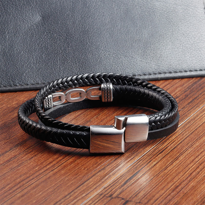 Wear FengShui Handmade Chain Link Design Titanium Steel Leather Strengthen Bracelet