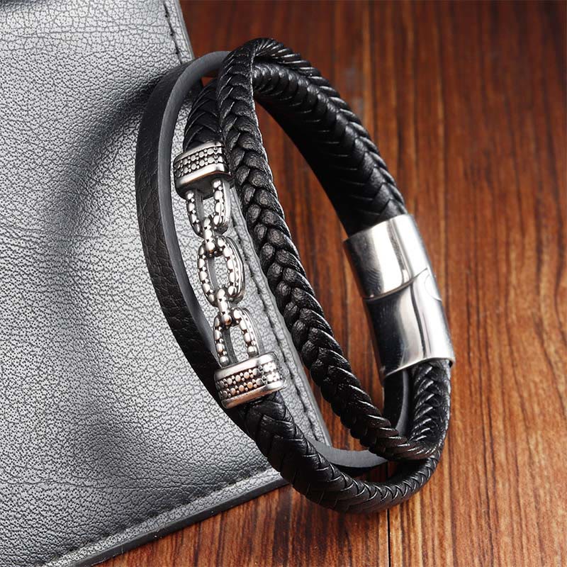 Wear FengShui Handmade Chain Link Design Titanium Steel Leather Strengthen Bracelet