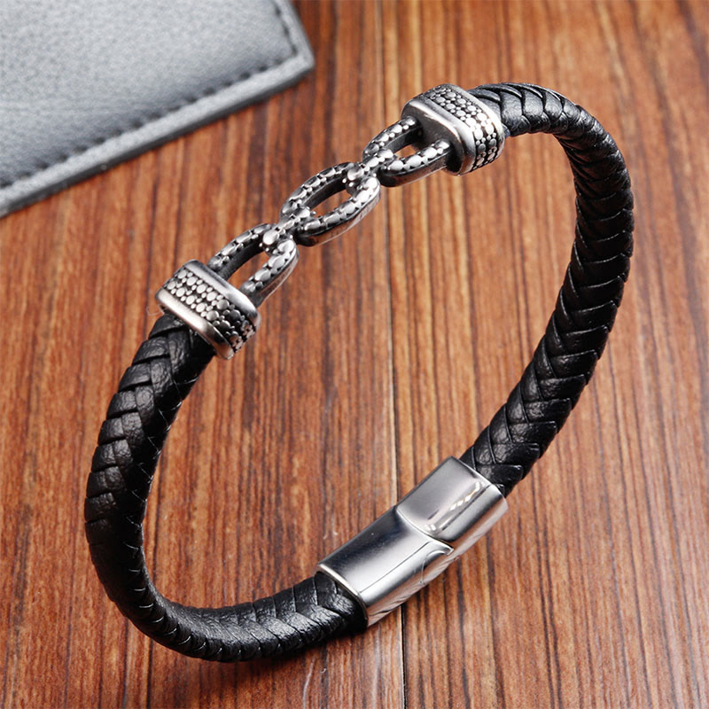 Wear FengShui Handmade Chain Link Design Titanium Steel Leather Strengthen Bracelet