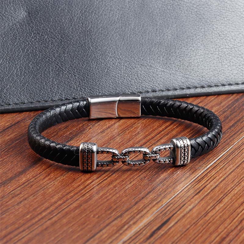 Wear FengShui Handmade Chain Link Design Titanium Steel Leather Strengthen Bracelet