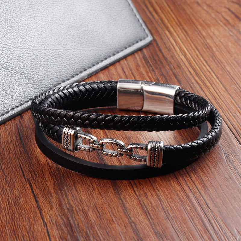 Wear FengShui Handmade Chain Link Design Titanium Steel Leather Strengthen Bracelet