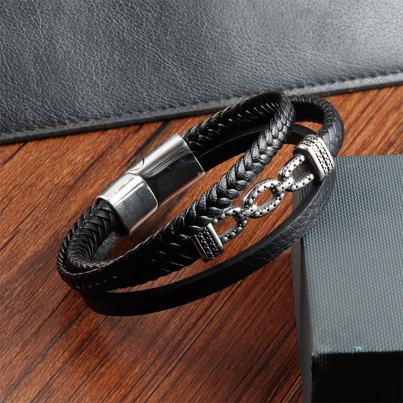 Wear FengShui Handmade Chain Link Design Titanium Steel Leather Strengthen Bracelet