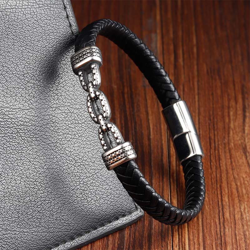 Wear FengShui Handmade Chain Link Design Titanium Steel Leather Strengthen Bracelet
