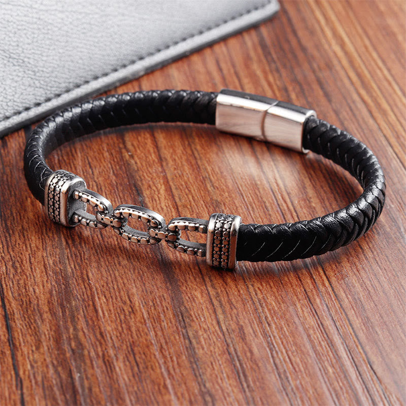 Wear FengShui Handmade Chain Link Design Titanium Steel Leather Strengthen Bracelet