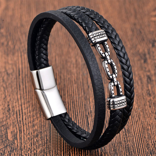 Wear FengShui Handmade Chain Link Design Titanium Steel Leather Strengthen Bracelet
