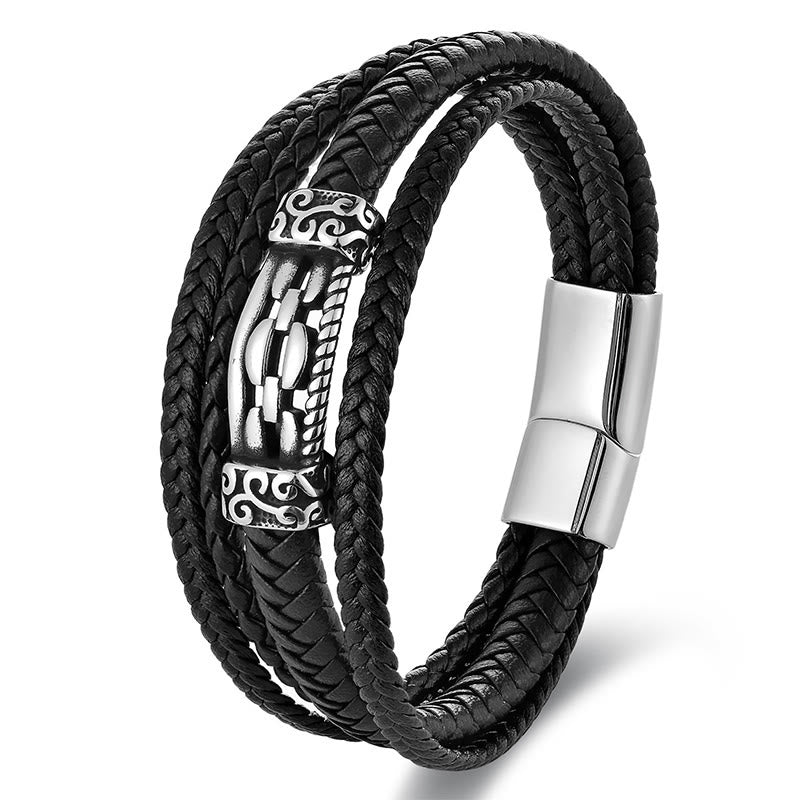 Wear FengShui Chain Link Design Titanium Steel Multi-layer Leather Balance Braided Bracelet