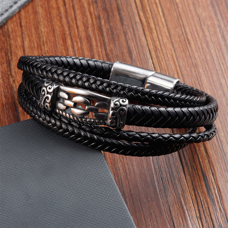 Wear FengShui Chain Link Design Titanium Steel Multi-layer Leather Balance Braided Bracelet
