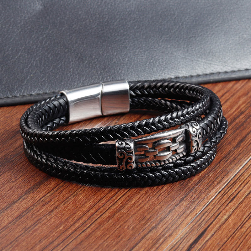 Wear FengShui Chain Link Design Titanium Steel Multi-layer Leather Balance Braided Bracelet
