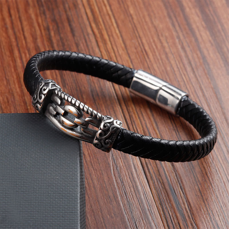 Wear FengShui Chain Link Design Titanium Steel Multi-layer Leather Balance Braided Bracelet