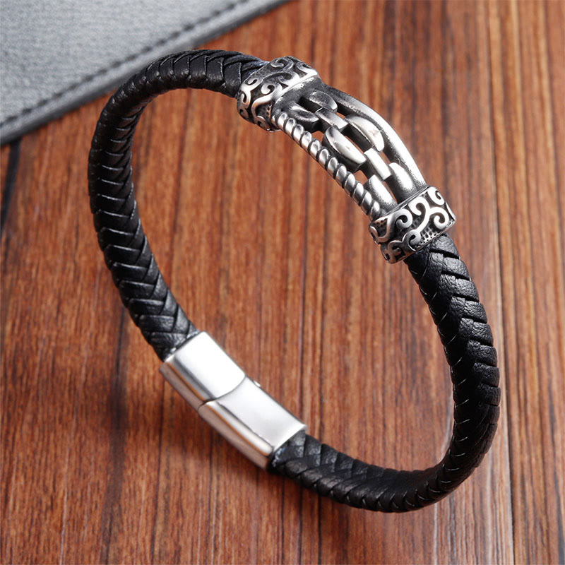 Wear FengShui Chain Link Design Titanium Steel Multi-layer Leather Balance Braided Bracelet