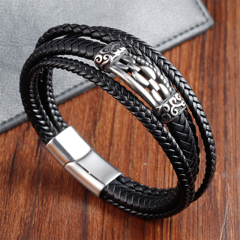 Wear FengShui Chain Link Design Titanium Steel Multi-layer Leather Balance Braided Bracelet