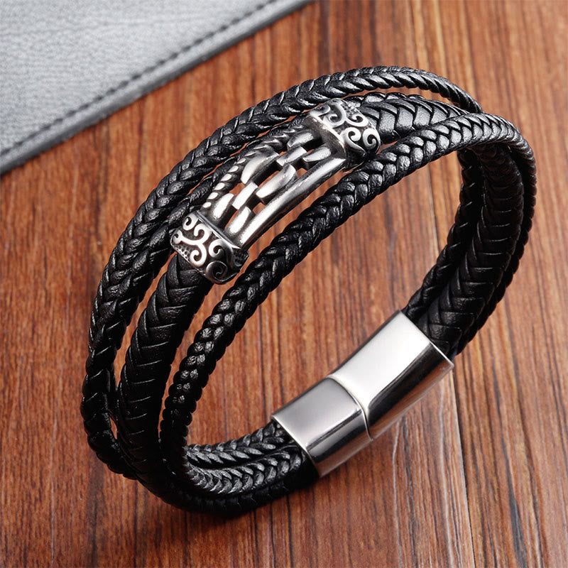 Wear FengShui Chain Link Design Titanium Steel Multi-layer Leather Balance Braided Bracelet