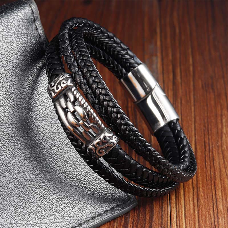 Wear FengShui Chain Link Design Titanium Steel Multi-layer Leather Balance Braided Bracelet