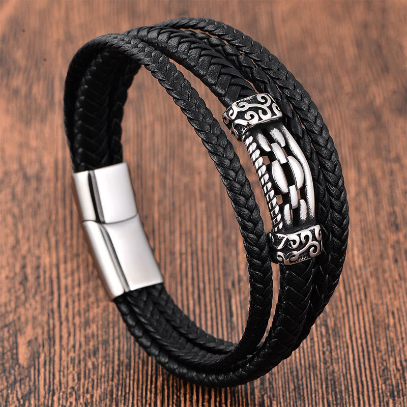 Wear FengShui Chain Link Design Titanium Steel Multi-layer Leather Balance Braided Bracelet