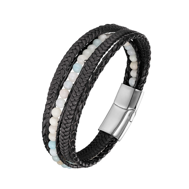 Wear FengShui Hematite Indian Agate Tiger Eye Amazonite Beaded Leather Strengthen Bracelet