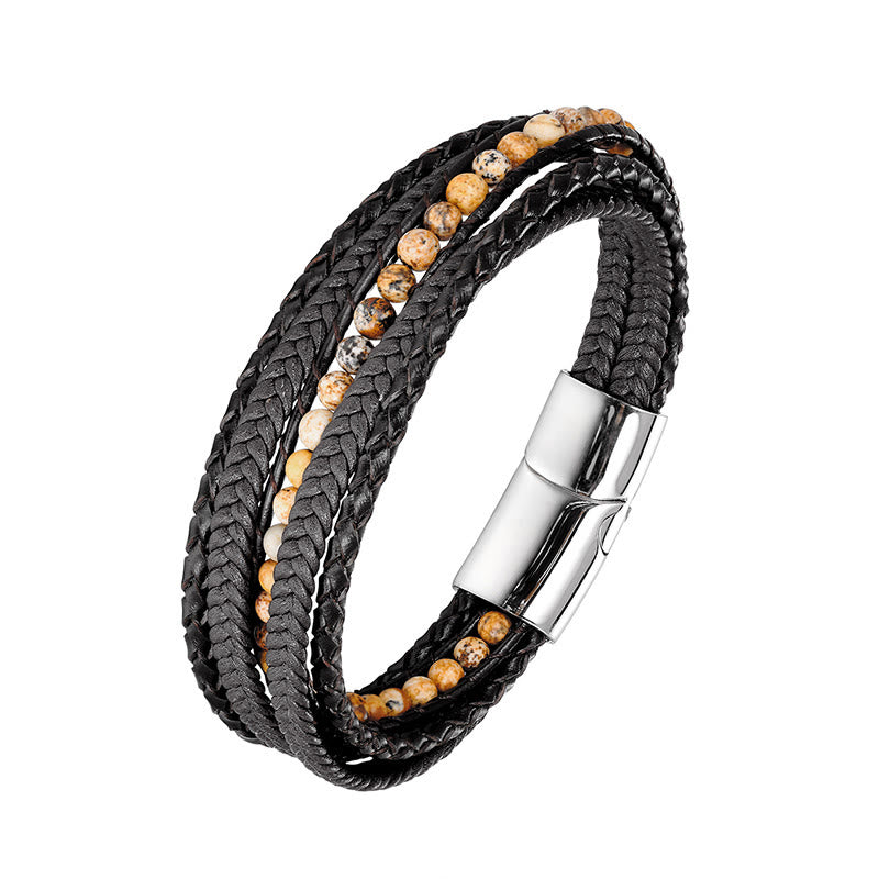 Wear FengShui Hematite Indian Agate Tiger Eye Amazonite Beaded Leather Strengthen Bracelet