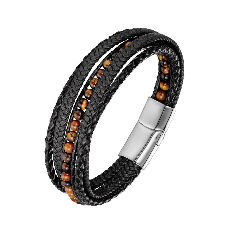 Wear FengShui Hematite Indian Agate Tiger Eye Amazonite Beaded Leather Strengthen Bracelet