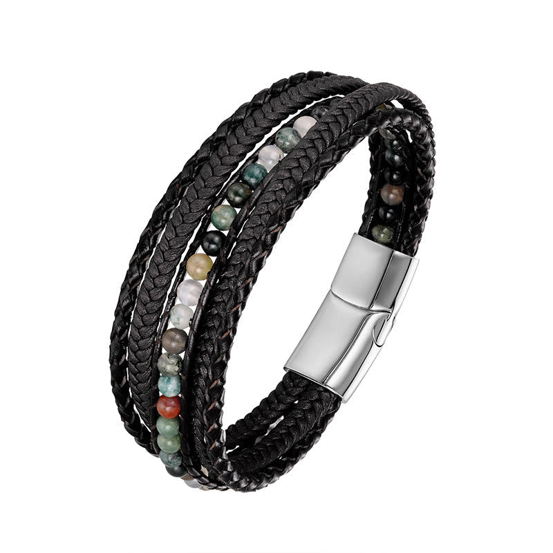 Wear FengShui Hematite Indian Agate Tiger Eye Amazonite Beaded Leather Strengthen Bracelet