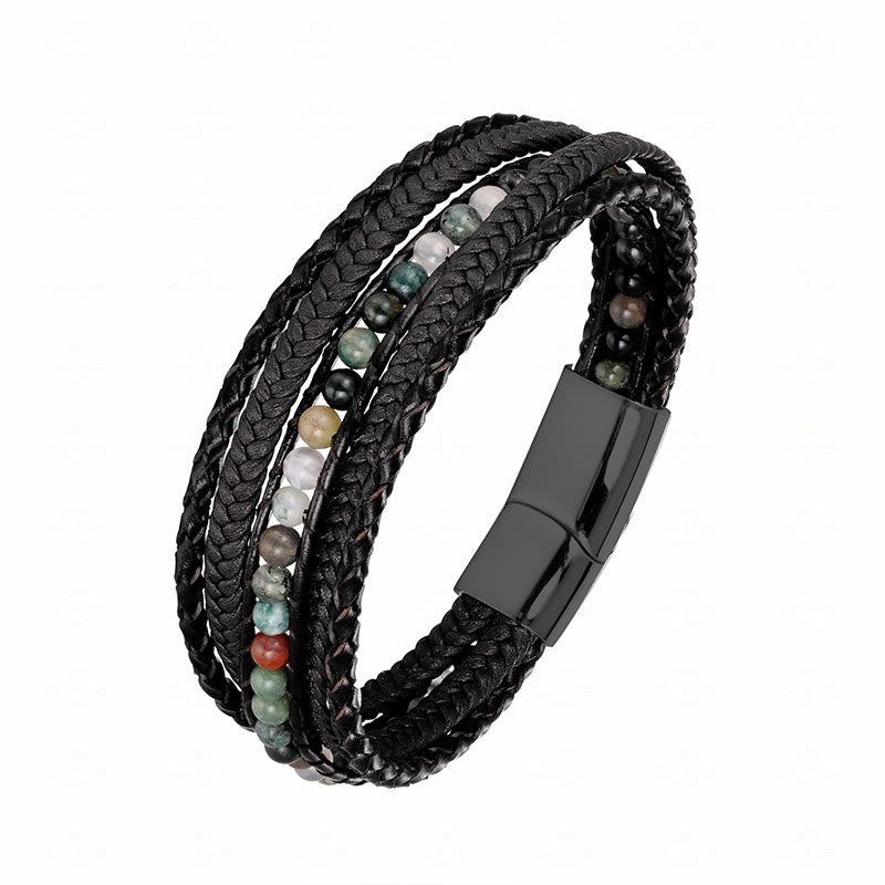 Wear FengShui Hematite Indian Agate Tiger Eye Amazonite Beaded Leather Strengthen Bracelet
