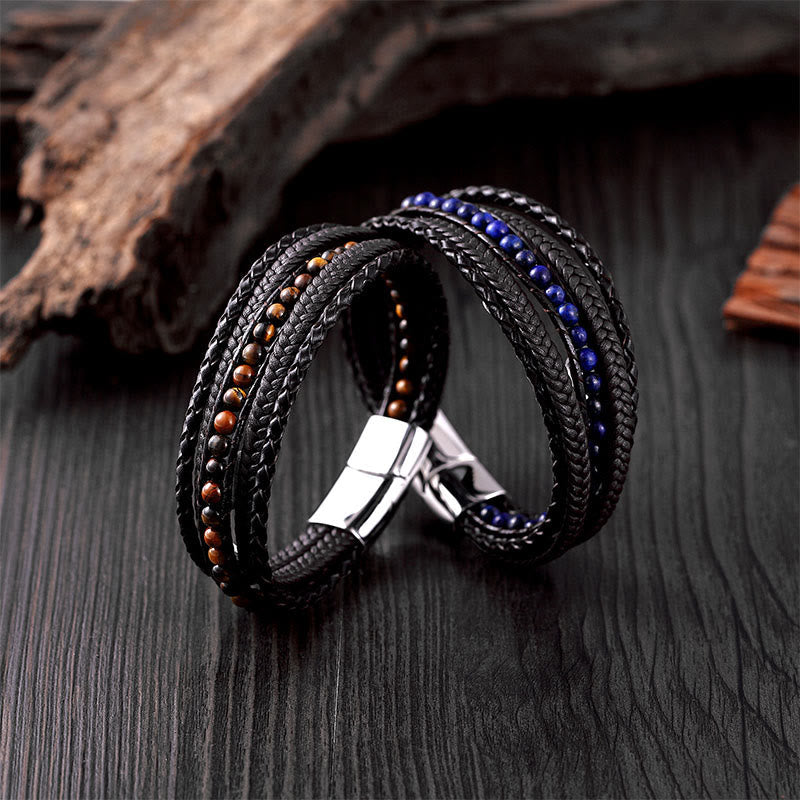 Wear FengShui Hematite Indian Agate Tiger Eye Amazonite Beaded Leather Strengthen Bracelet