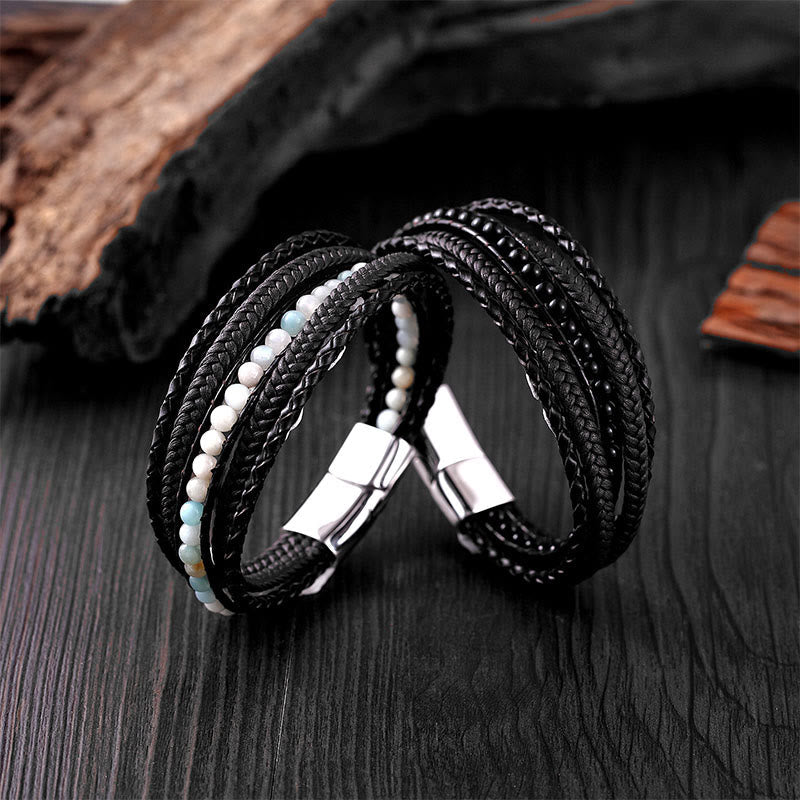 Wear FengShui Hematite Indian Agate Tiger Eye Amazonite Beaded Leather Strengthen Bracelet